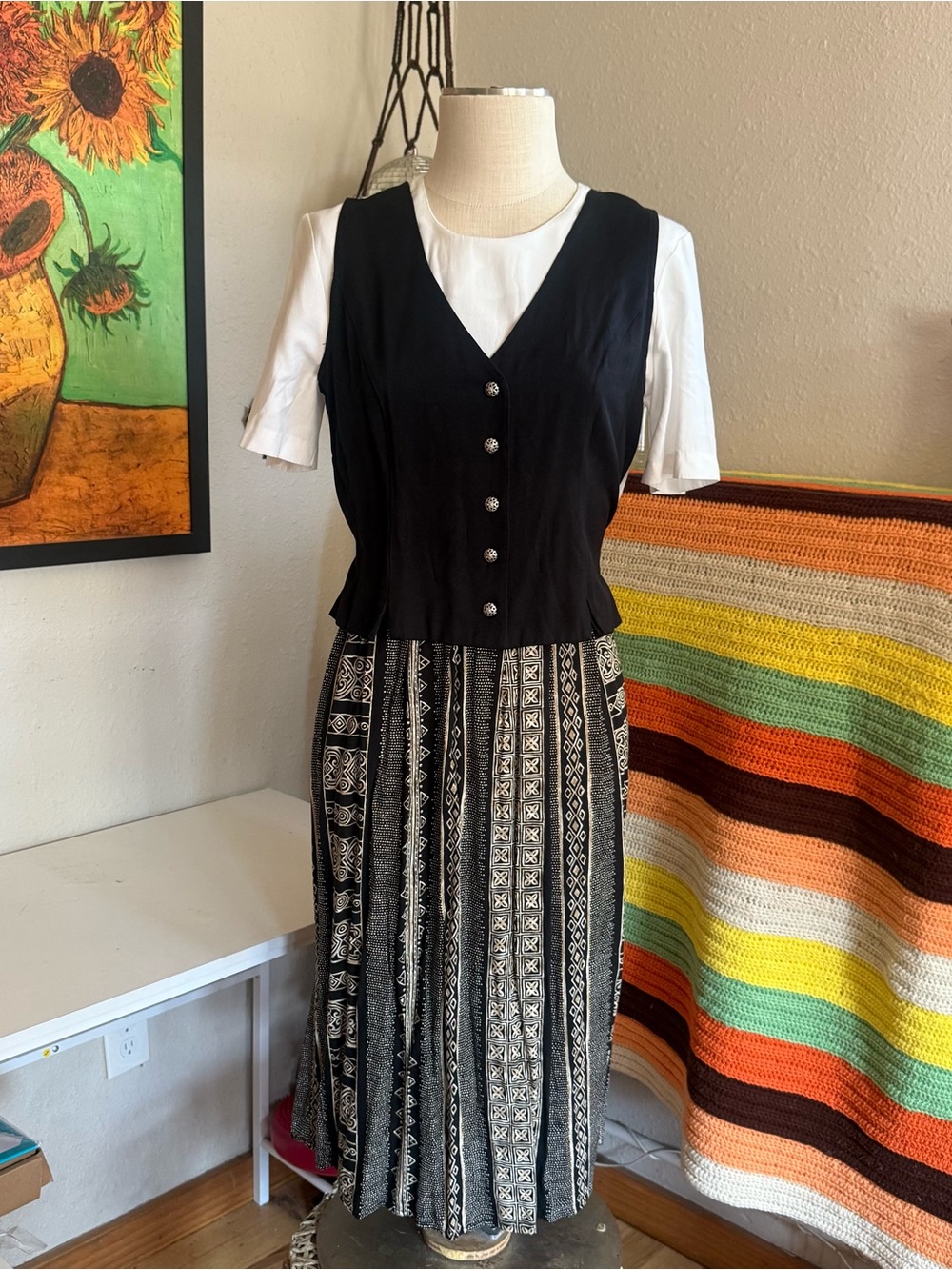 Black and Cream Patterned Midi Dress with V-Neck Bodice